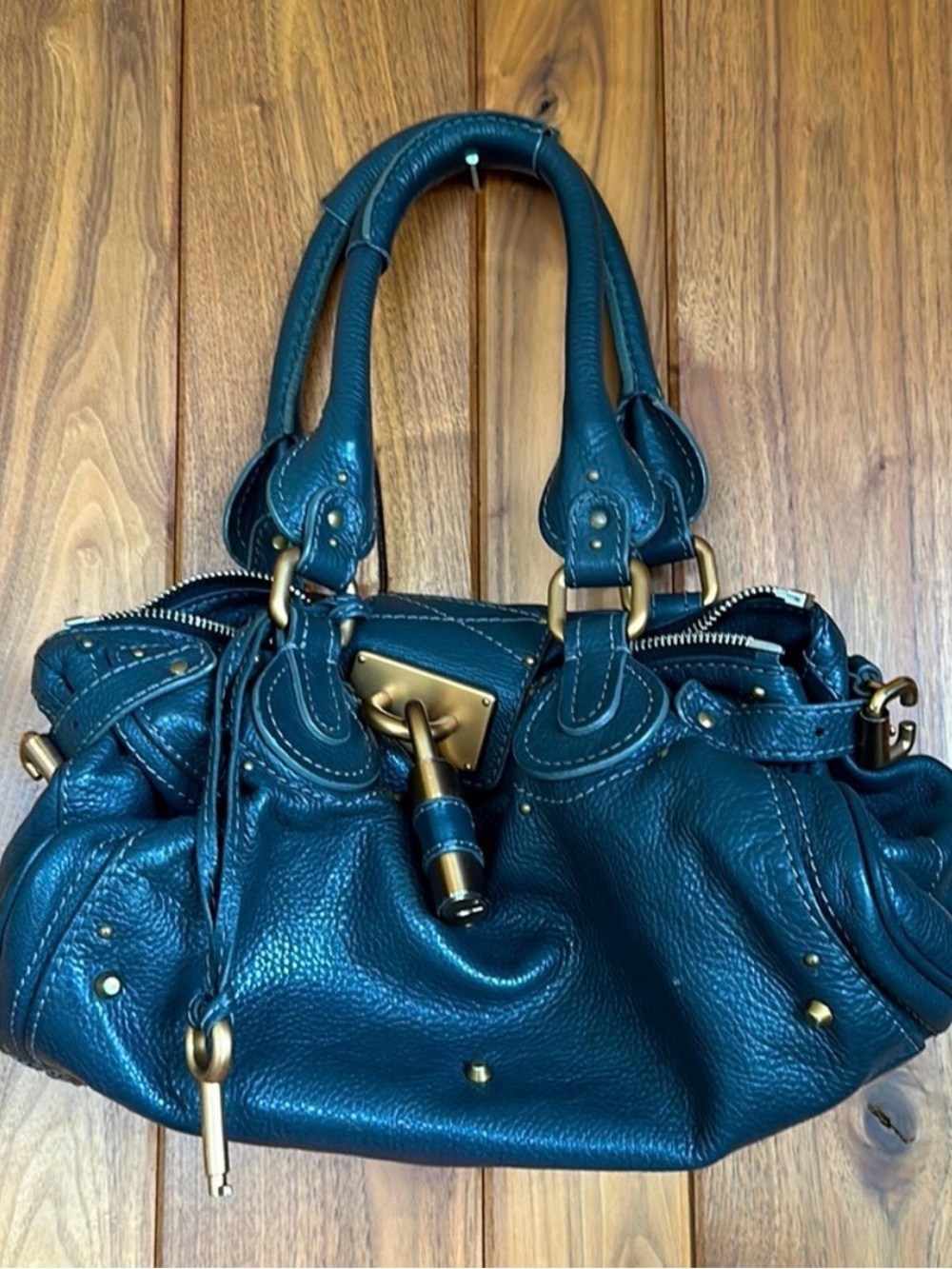 Chloe Paddington Blue gray Leather Shoulder Bag with Gold Hardware